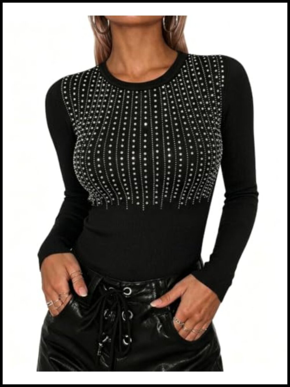 Rhinestone Ribbed Knit Long Sleeve Skinny Top Round Neck Pullover